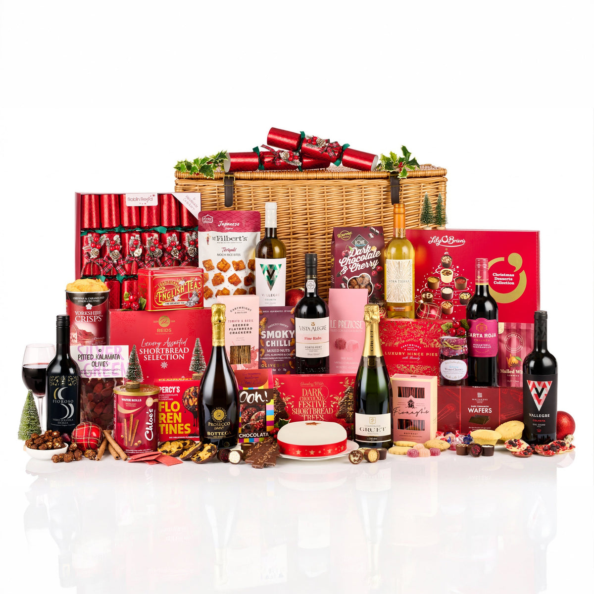 Yuletide Splendour Hamper with Champagne, Prosecco, red and white wines, shortbread, florentines and chocolates in a wicker basket