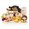 Cheese Connoisseur Hamper with Stilton, Camembert, goat's cheese, cheddar, Wensleydale, crackers and chutney by a jute cool bag
