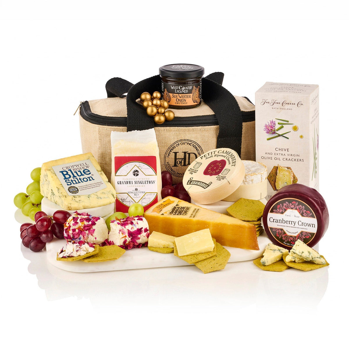 Cheese Connoisseur Hamper with Stilton, Camembert, goat's cheese, cheddar, Wensleydale, crackers and chutney by a jute cool bag