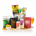 Bucket of Beer Hamper with four craft beer cans, cheese bites, turkey jerky, cheddar crisps and nuts in a metal bucket