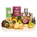 Three Cheese Hamper with three Mouse House cheddars, three Tiptree chutneys, oatcake bites and tomato and basil biscuits by a gift box