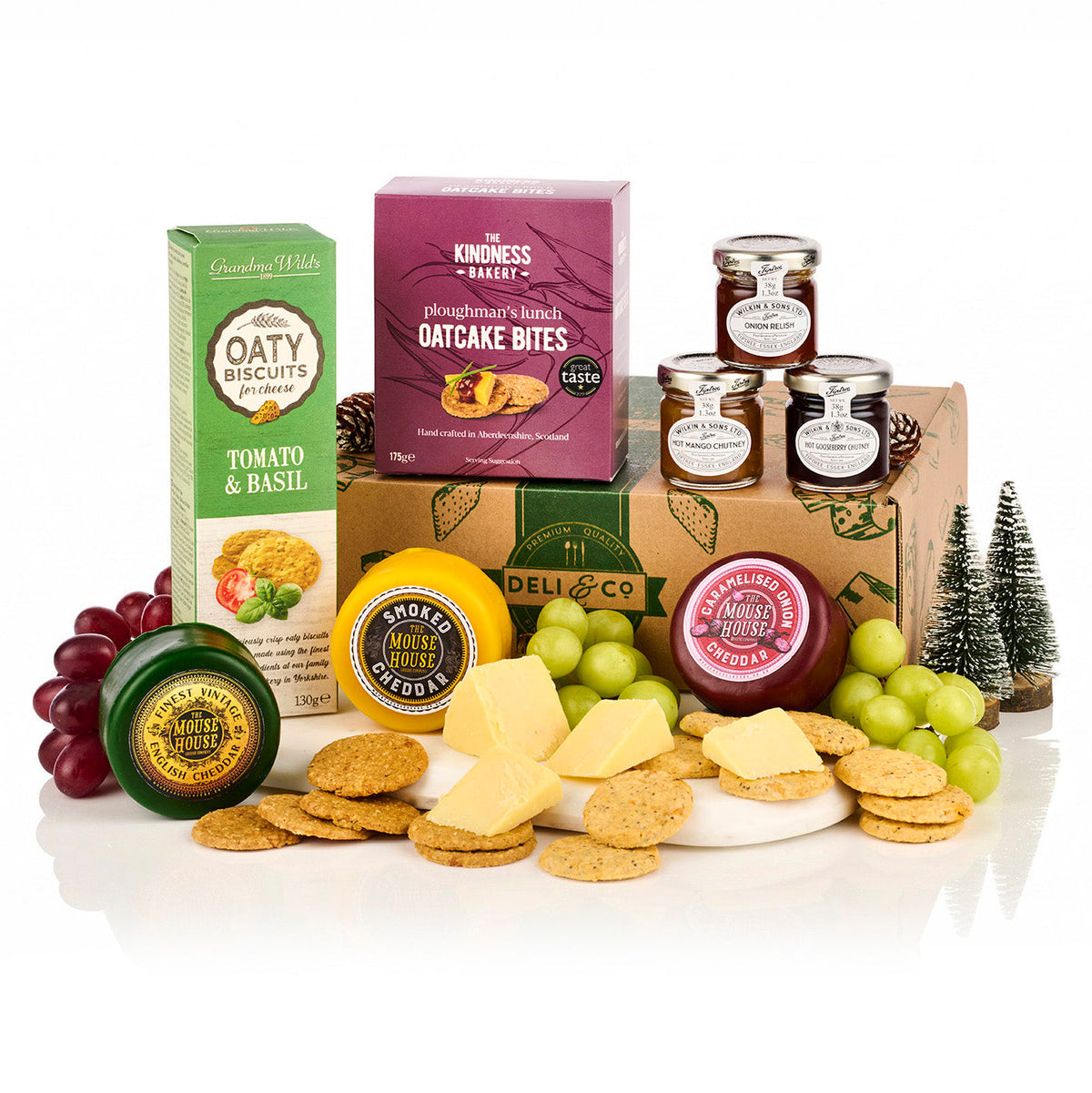 Three Cheese Hamper with three Mouse House cheddars, three Tiptree chutneys, oatcake bites and tomato and basil biscuits by a gift box