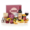 Wine & Cheese Hamper with a bottle of The Brand Malbec, three Mouse House cheddars, chutneys, olives and crisps by a gift box
