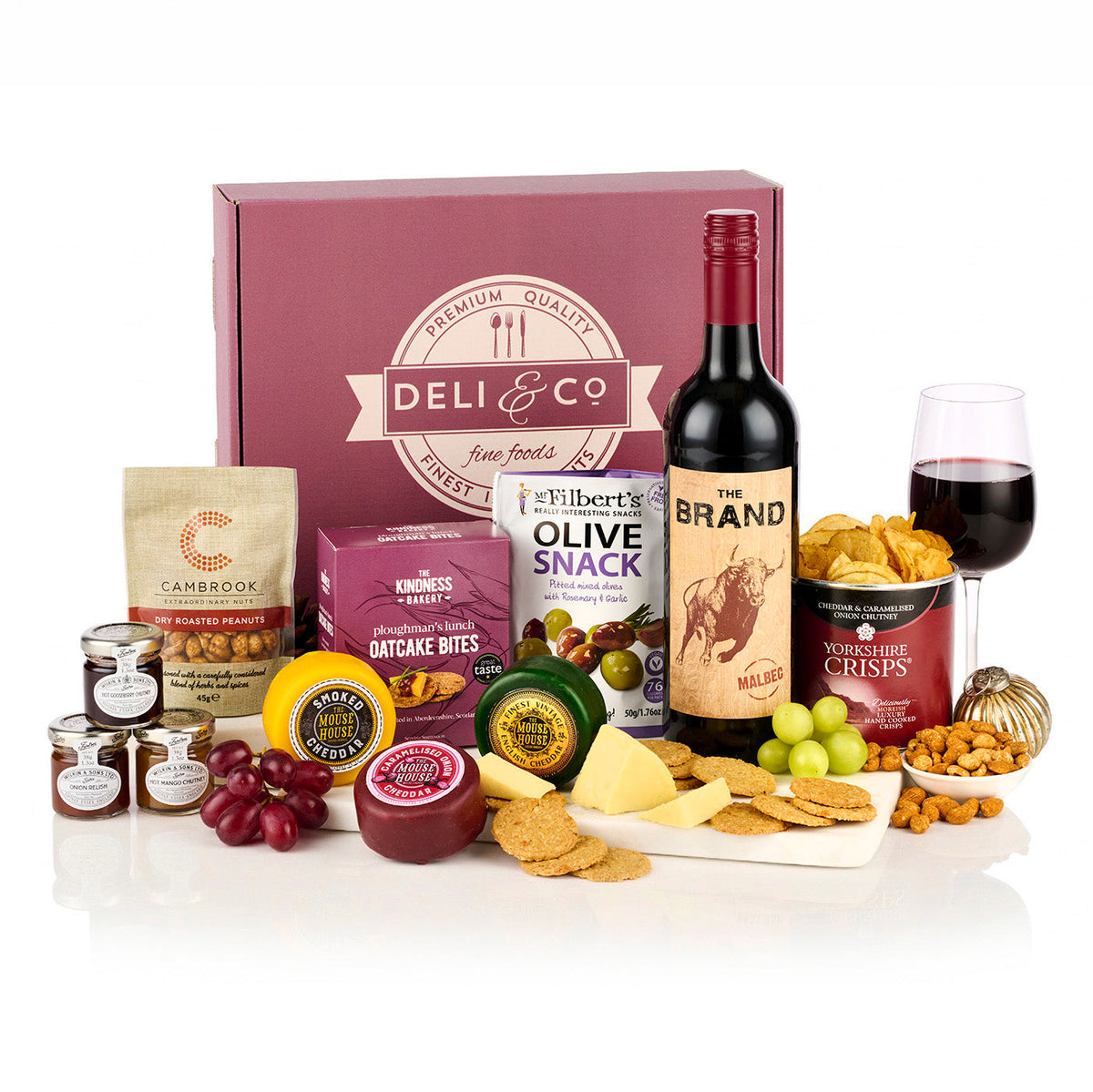 Wine & Cheese Hamper with a bottle of The Brand Malbec, three Mouse House cheddars, chutneys, olives and crisps by a gift box