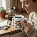 Woman holding a white Frightened Feline mug of coffee, with a coffee pot and succulent on the kitchen counter.