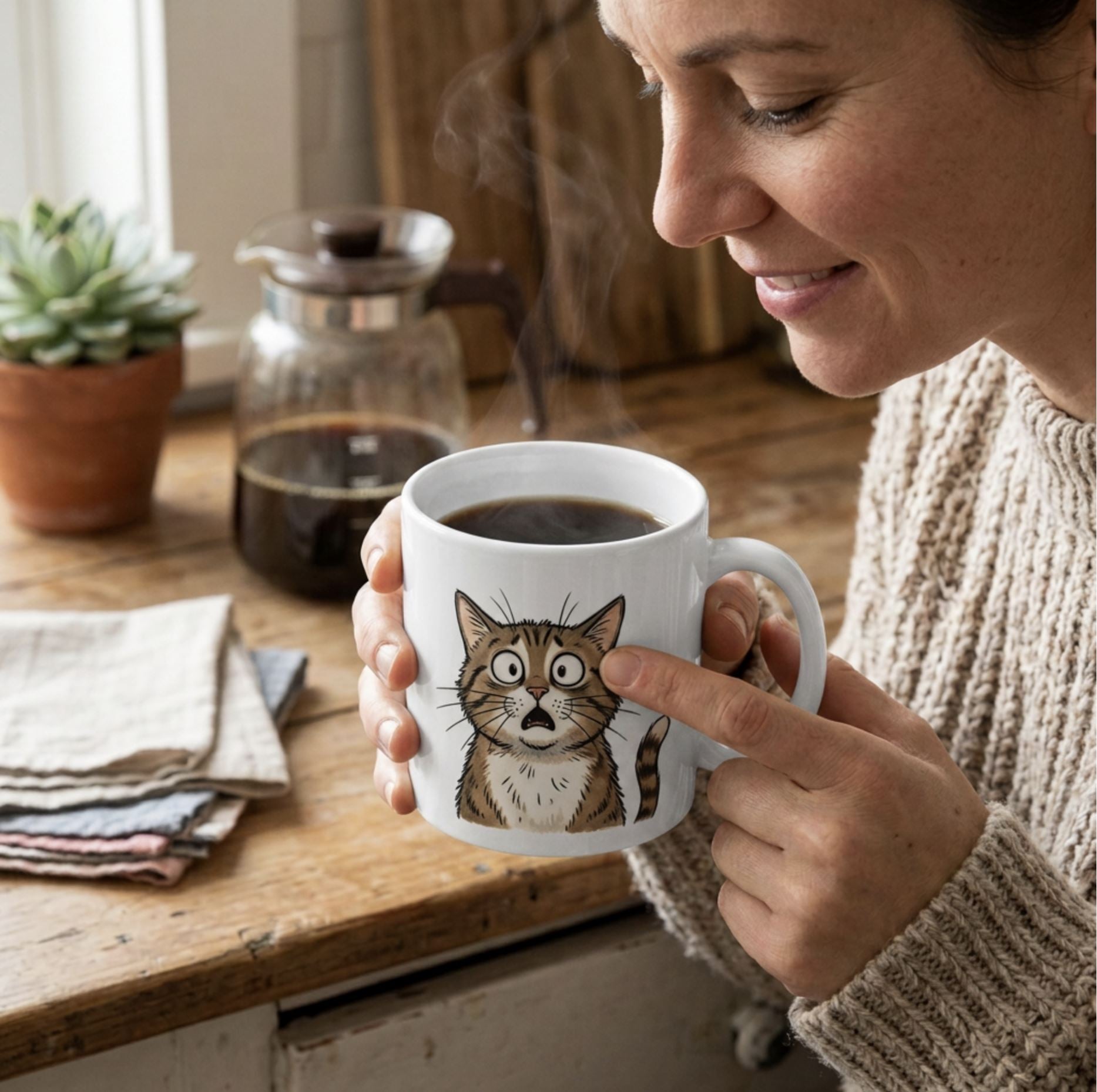 Woman holding a white Frightened Feline mug of coffee, with a coffee pot and succulent on the kitchen counter.