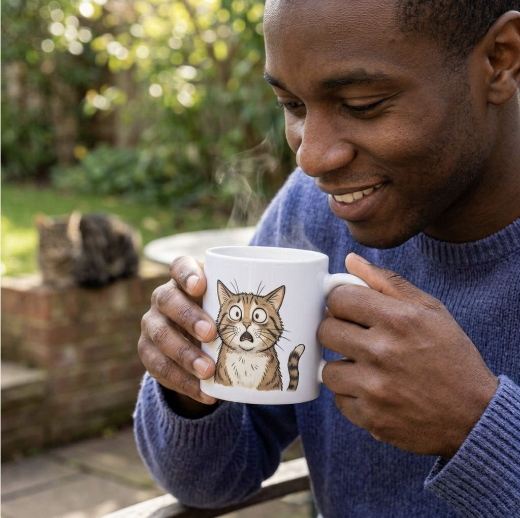 Man holding a white Frightened Feline mug of coffee outdoors in a garden.