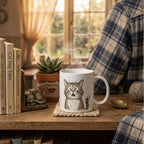 White Frightened Feline mug on a coaster beside books, a plant and a ball of yarn.