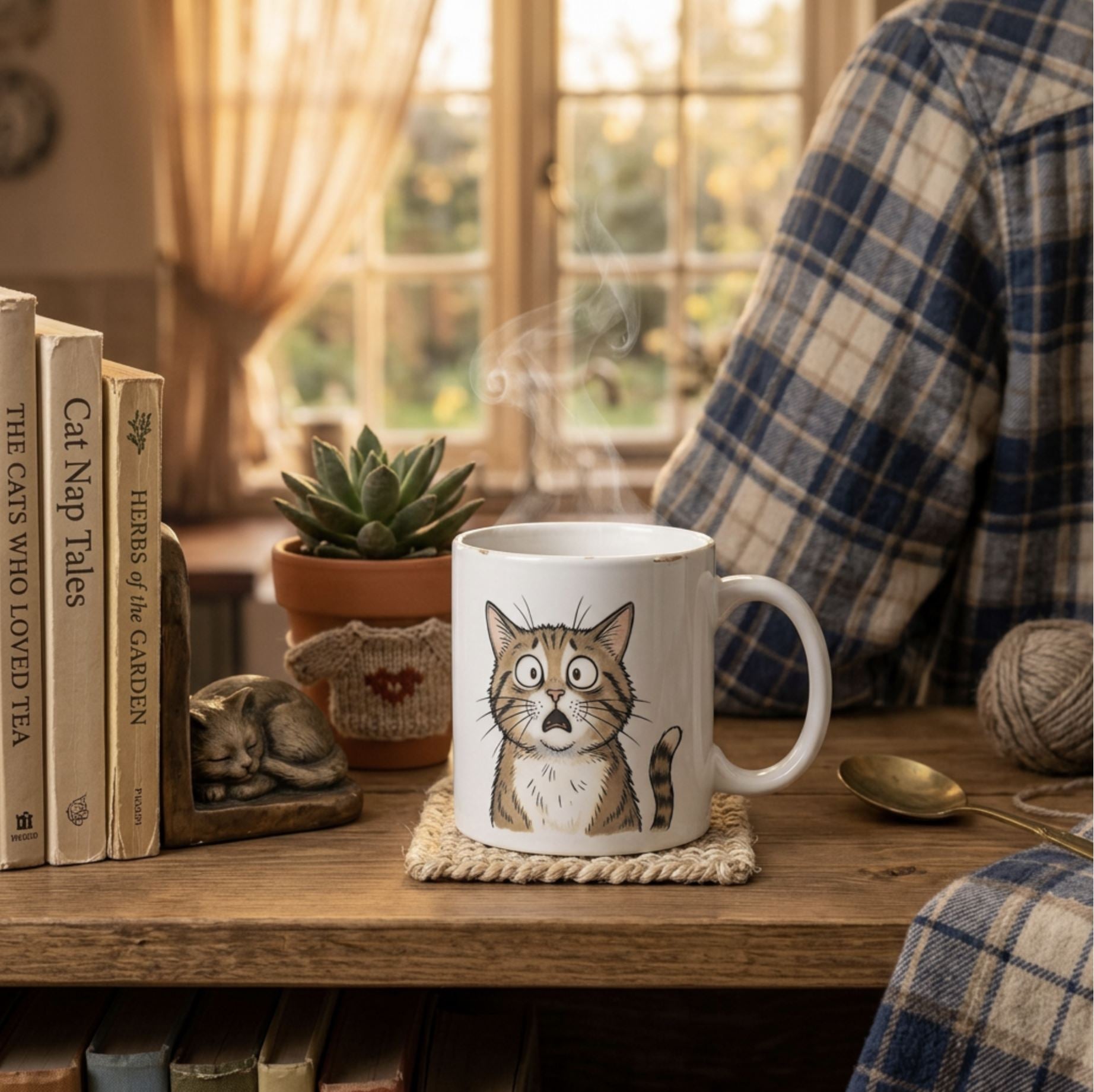 White Frightened Feline mug on a coaster beside books, a plant and a ball of yarn.