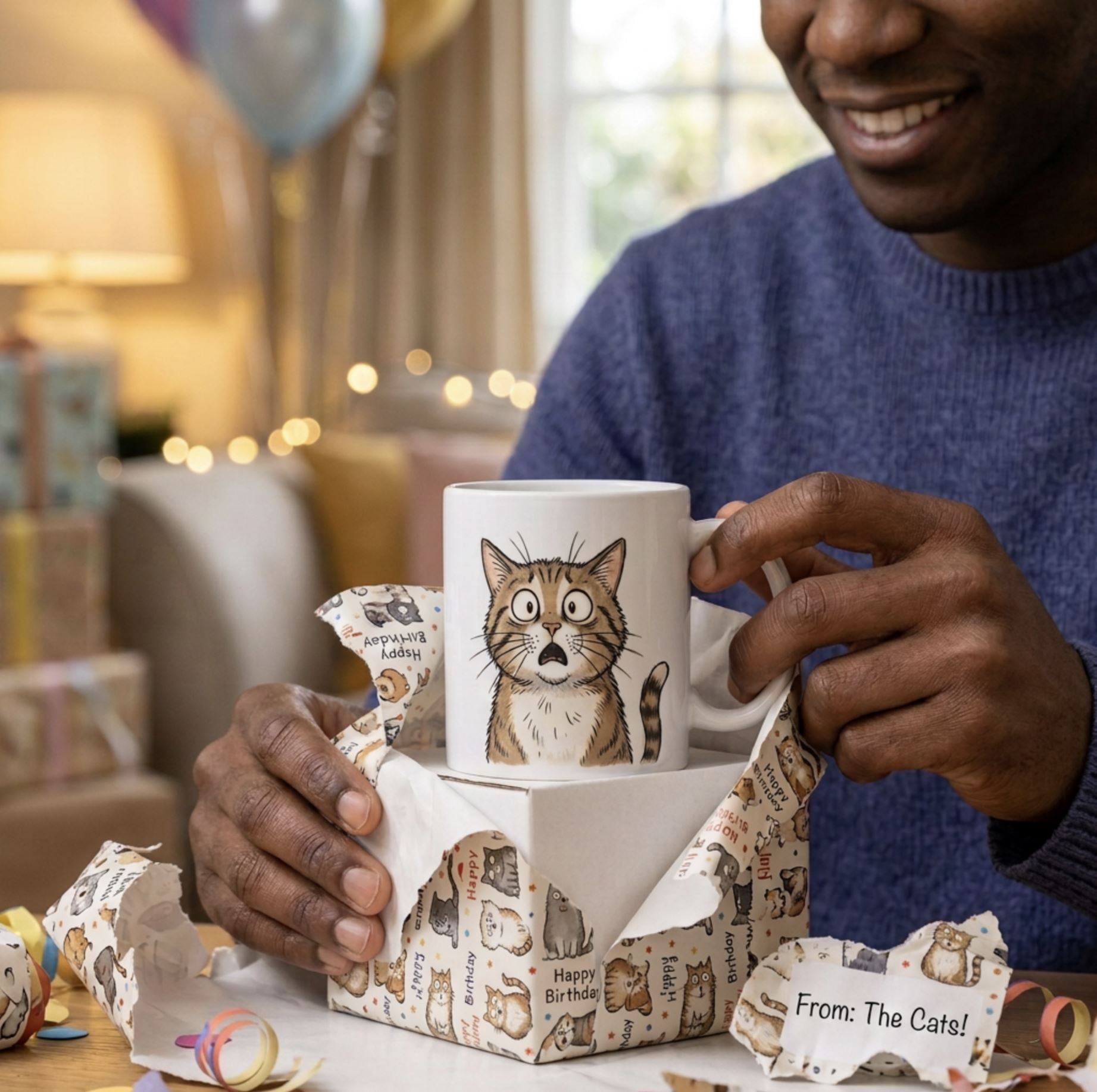 Man unwrapping a white Frightened Feline mug as a birthday gift, with balloons in the background.