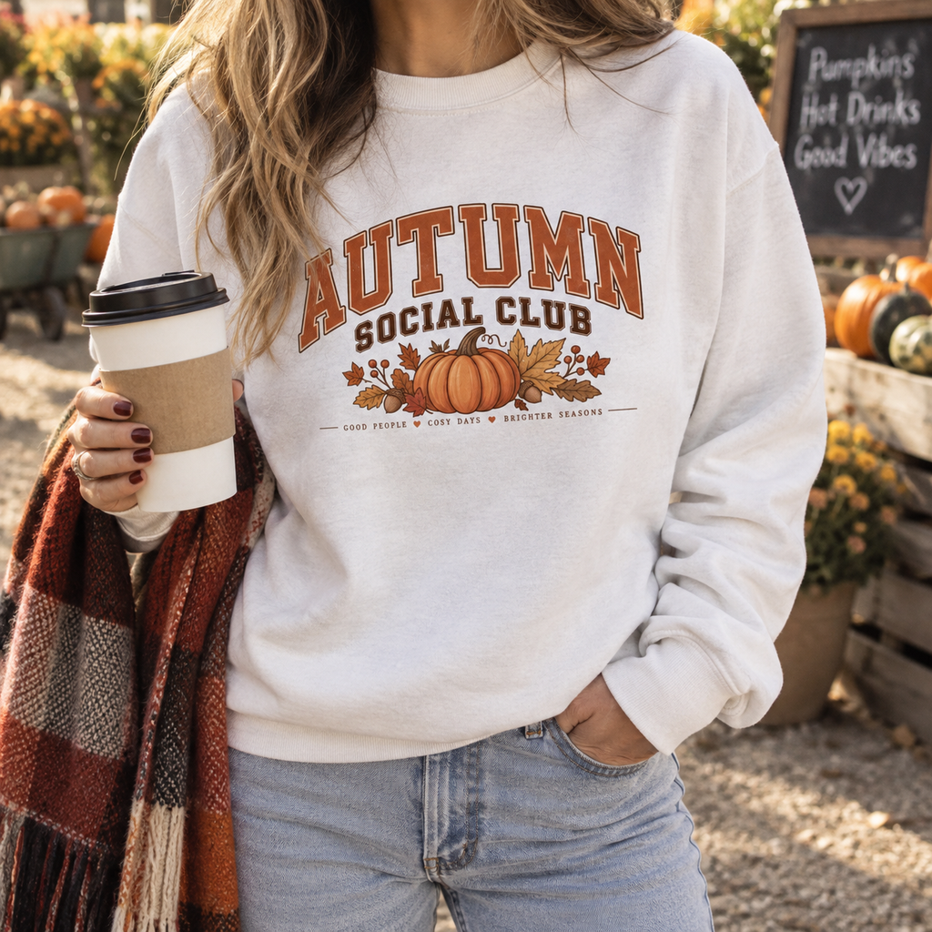 Woman wearing a white Autumn Social Club pumpkin sweatshirt, holding a coffee cup at an autumn pumpkin market stall.