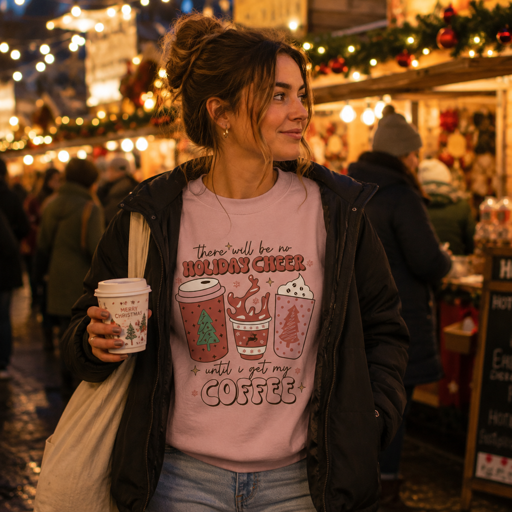 Woman at a Christmas market holding a coffee cup wearing a pink festive coffee slogan sweatshirt