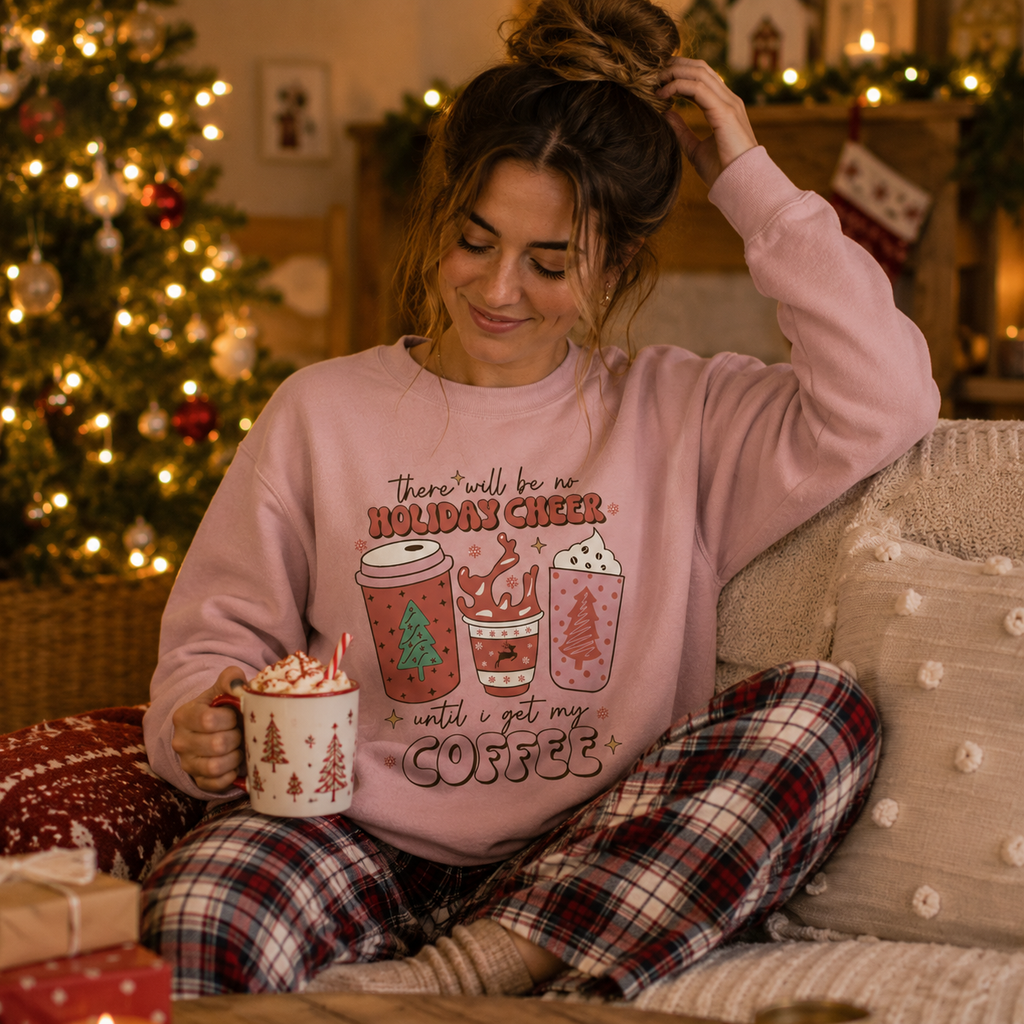 Woman on the sofa holding a mug of hot chocolate wearing a pink festive coffee sweatshirt