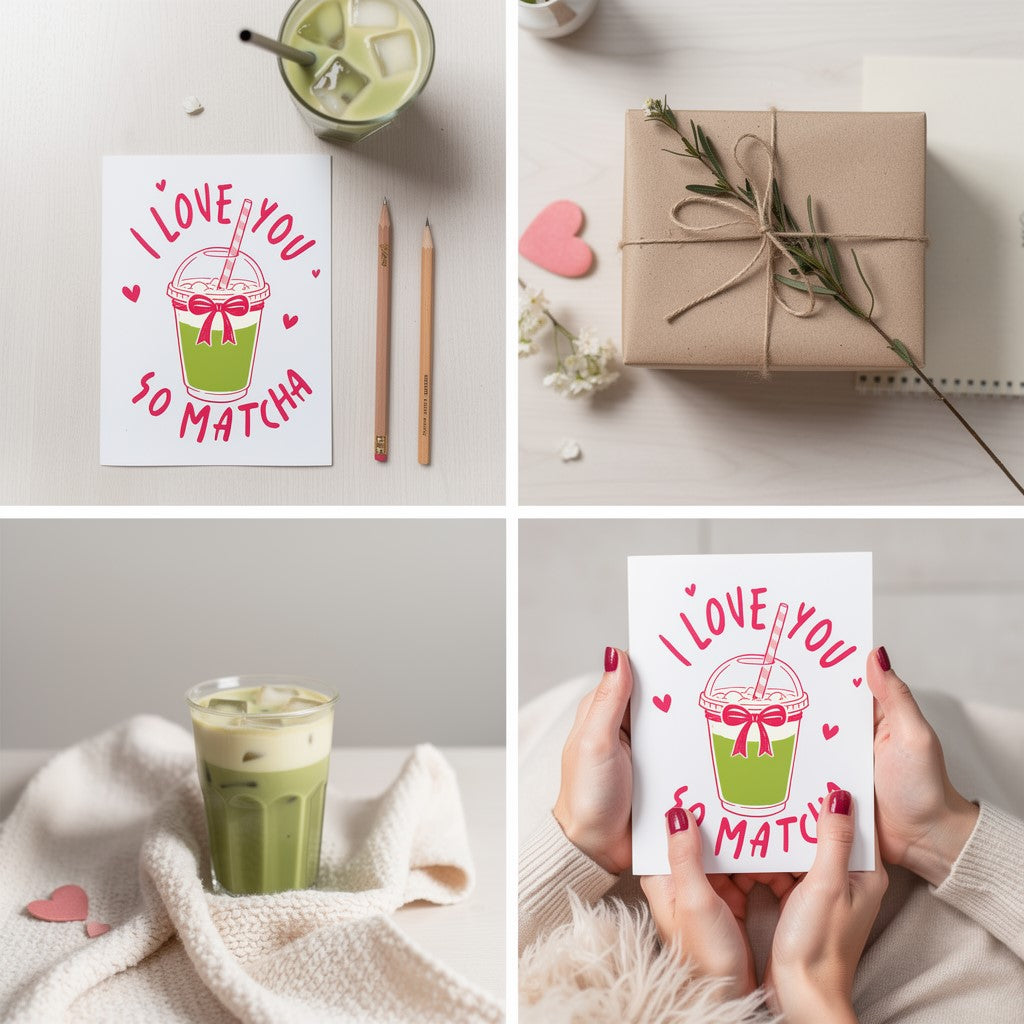Love You So Matcha Valentine's Card Matcha Tea Design