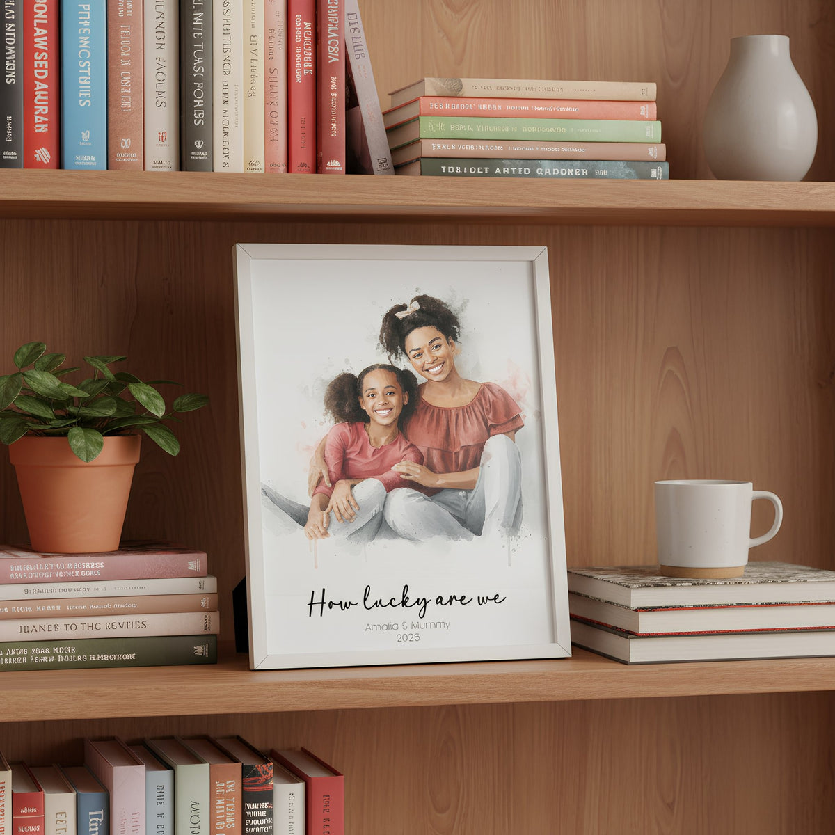 Personalised watercolour Mother's Day print styled in a home setting