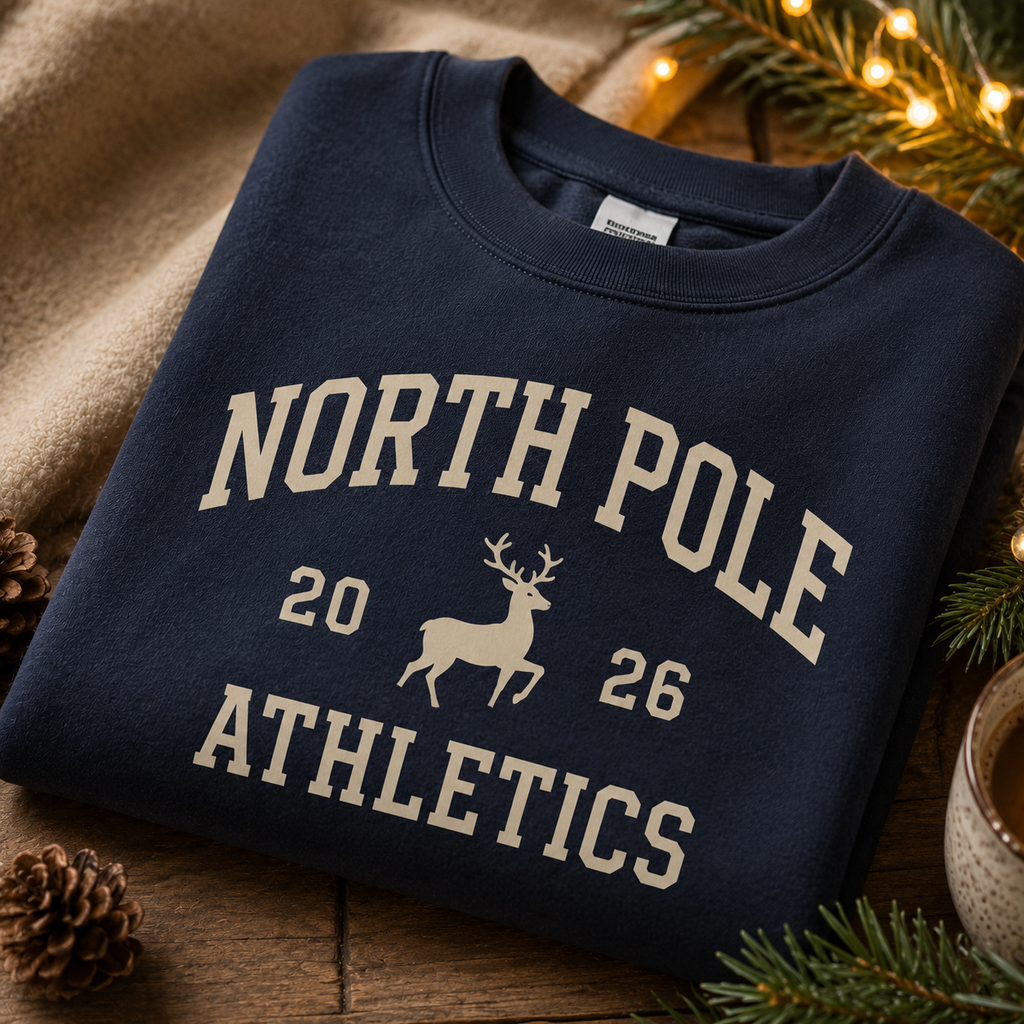 Personalised North Pole Athletics Christmas Jumper, Navy Varsity Print
