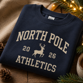 Personalised North Pole Athletics Christmas Jumper, Navy Varsity Print