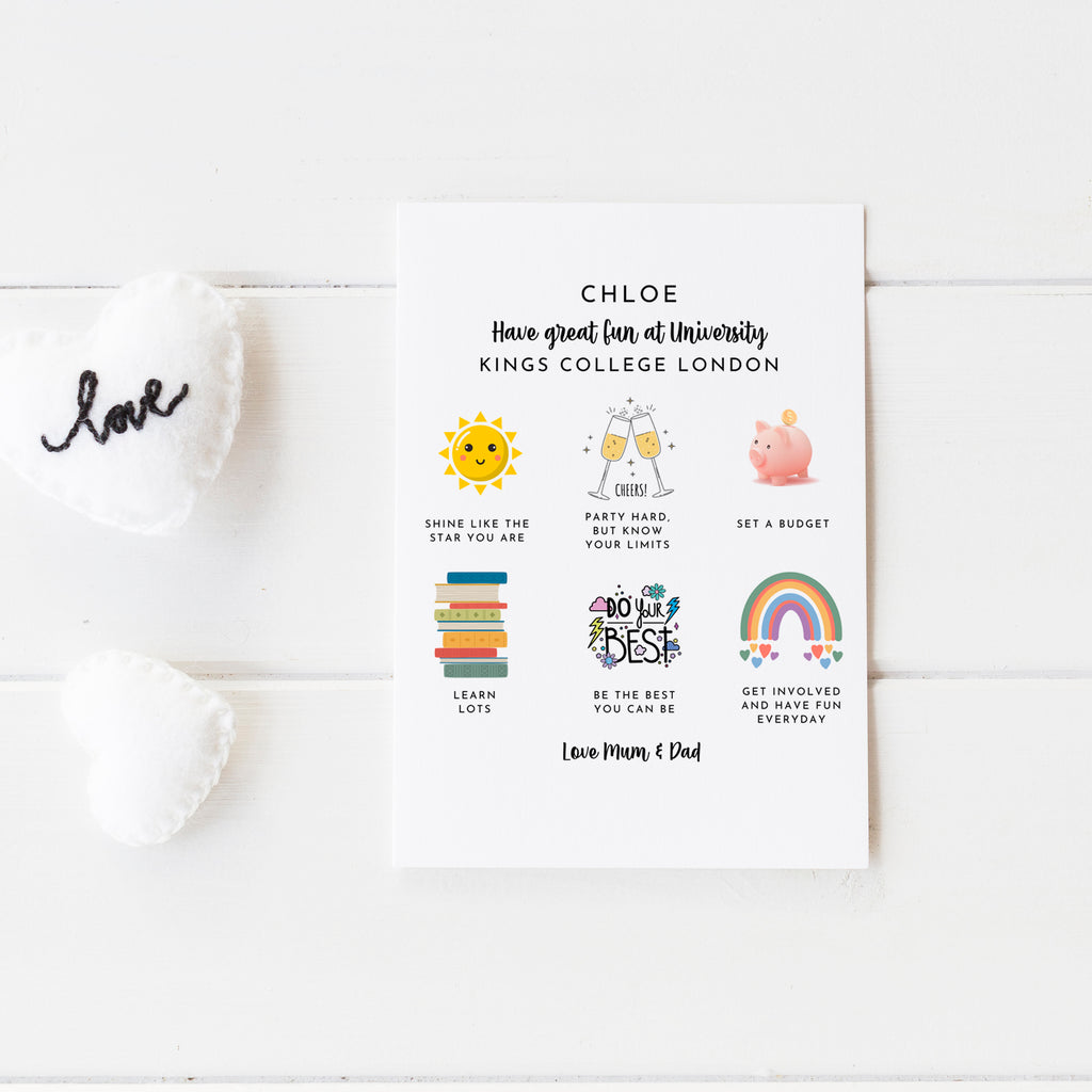 Custom A5 back to Uni card with bright illustrations for teenagers or young adults.