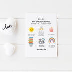 Custom A5 back to Uni card with bright illustrations for teenagers or young adults.