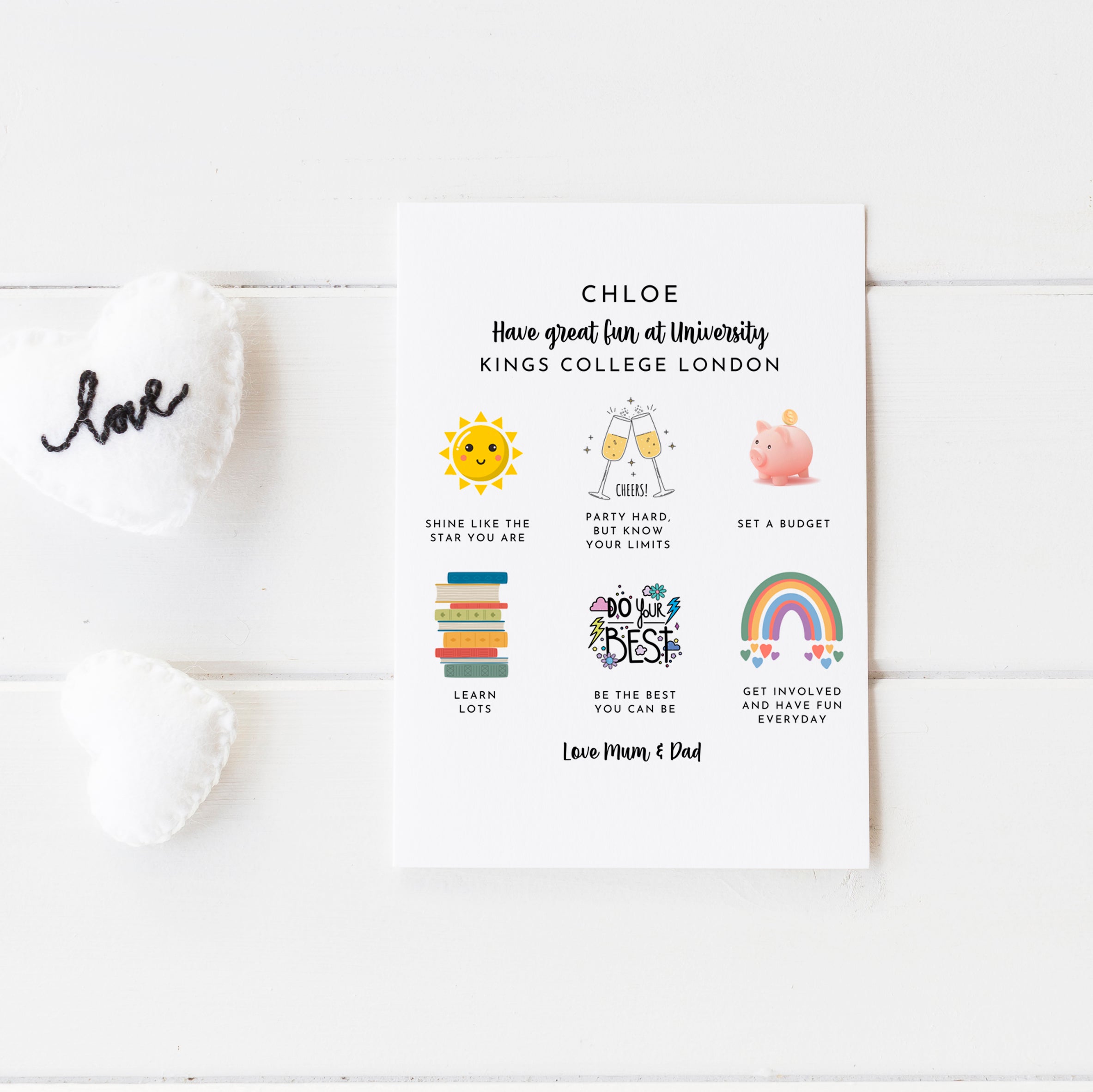 Custom A5 back to Uni card with bright illustrations for teenagers or young adults.