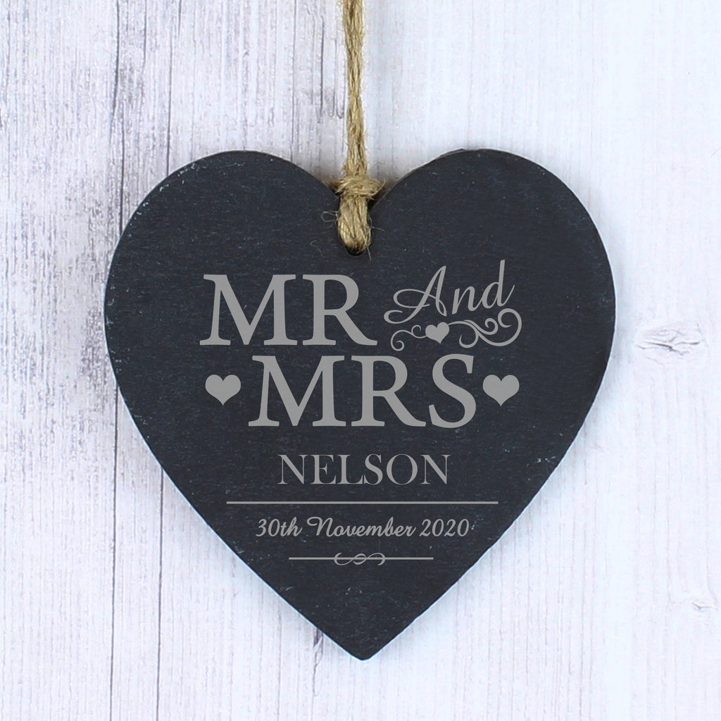 Personalised Mr & Mrs Slate Heart Decoration with personalised text, view 2