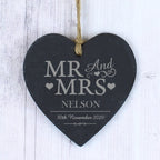 Personalised Mr & Mrs Slate Heart Decoration with personalised text, view 2