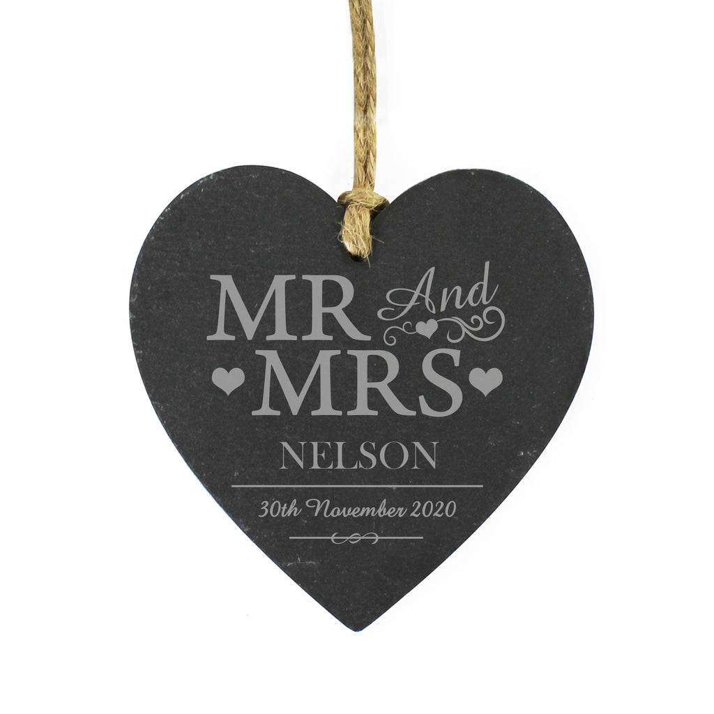 Personalised Mr & Mrs slate heart hanging from twine