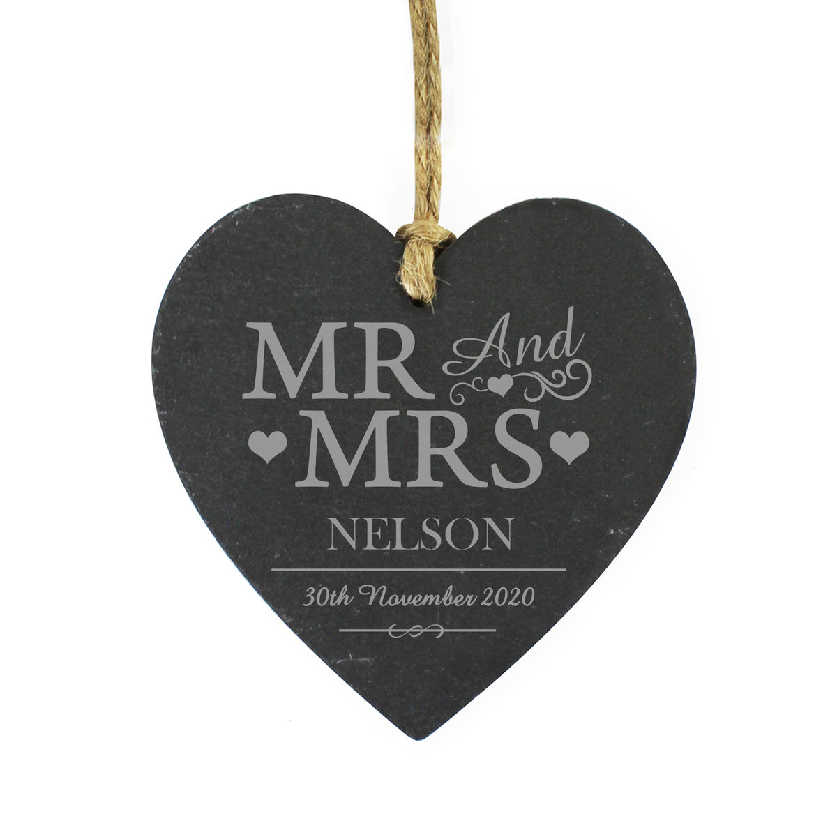 Personalised Mr & Mrs slate heart hanging from twine