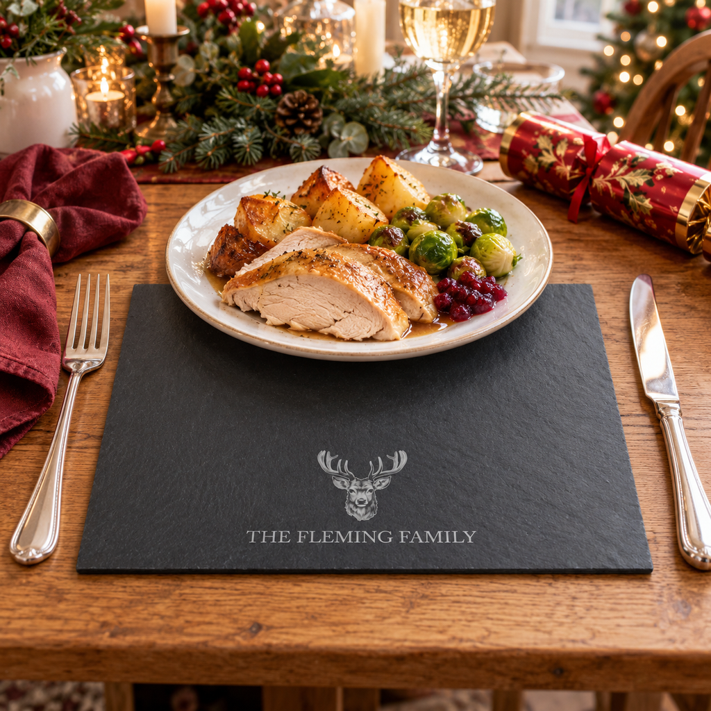 Personalised stag slate placemat at a Christmas dinner table with turkey and crackers