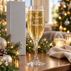 Personalised It's Time for Prosecco flute filled with fizz on a festive table