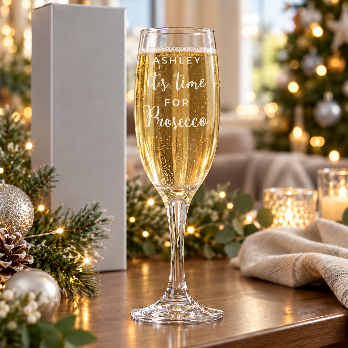 Personalised It's Time for Prosecco flute filled with fizz on a festive table