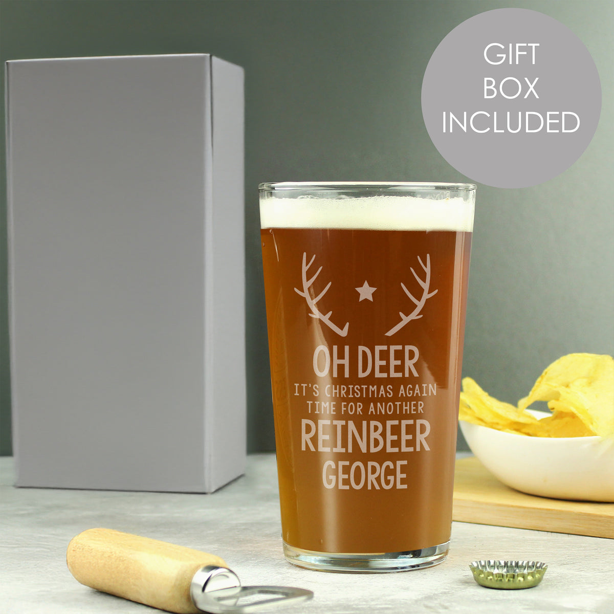 Personalised Time For Another Reinbeer Pint Glass with personalised text, view 4