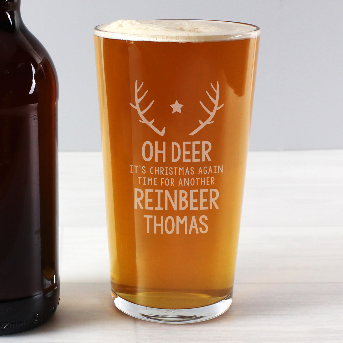 Personalised Time For Another Reinbeer Pint Glass with personalised text, view 2