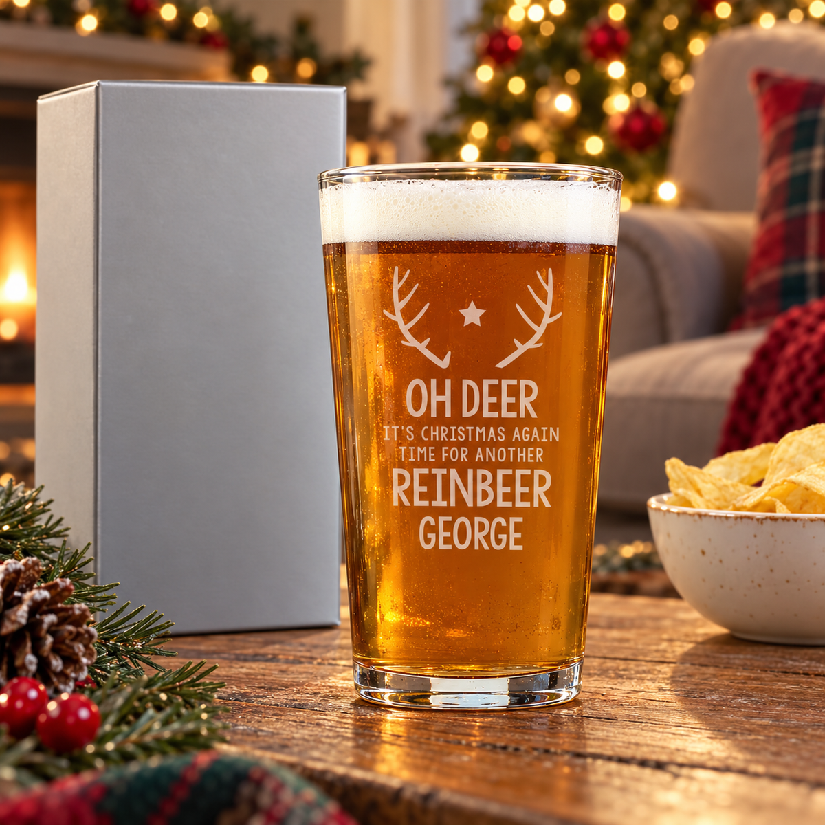 Personalised Time for Another Reinbeer pint glass of beer with its silver gift box