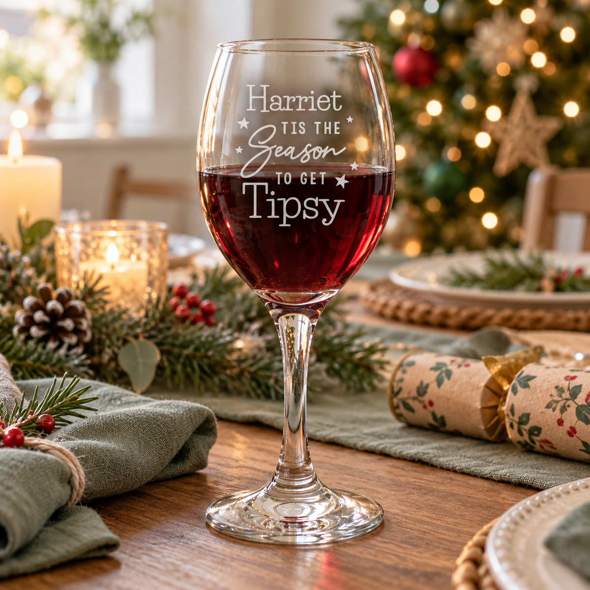 Personalised 'Tis the Season to Get Tipsy wine glass by the Christmas tree