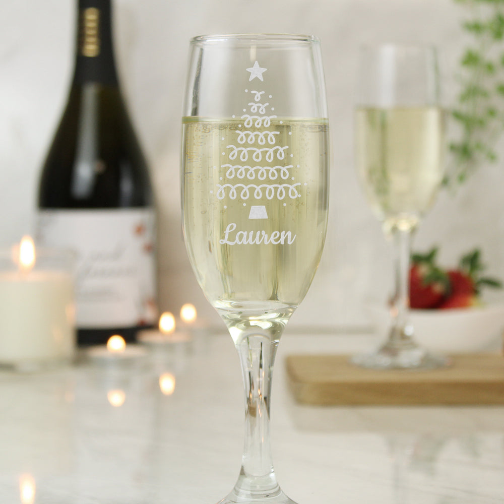 Personalised Christmas Tree Champagne Flute with personalised text, view 2