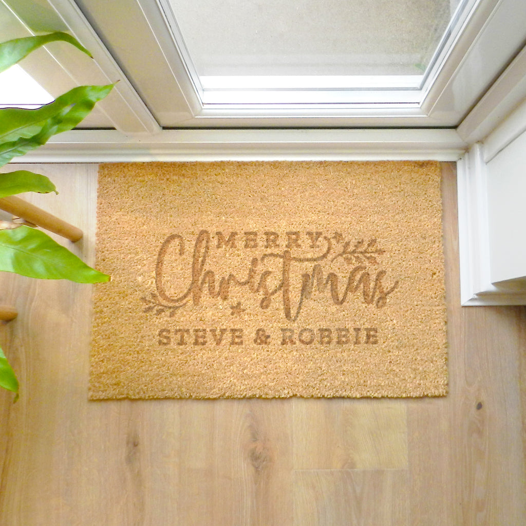 Personalised Merry Christmas Indoor Doormat with personalised text, view 2