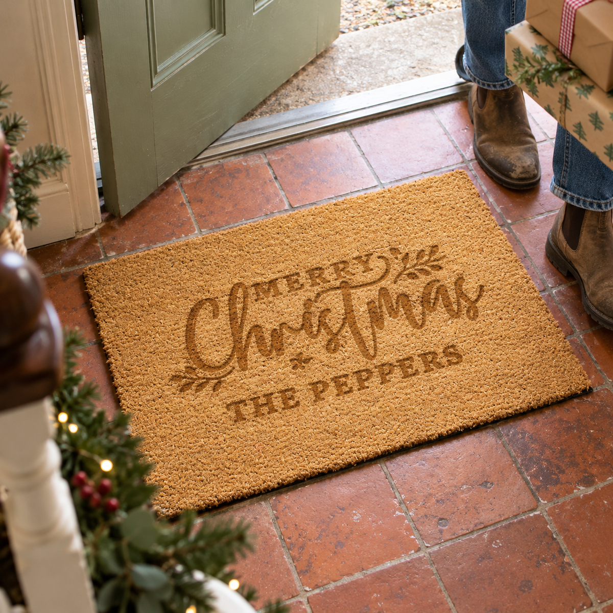 Personalised Merry Christmas Indoor Doormat inside the front door
