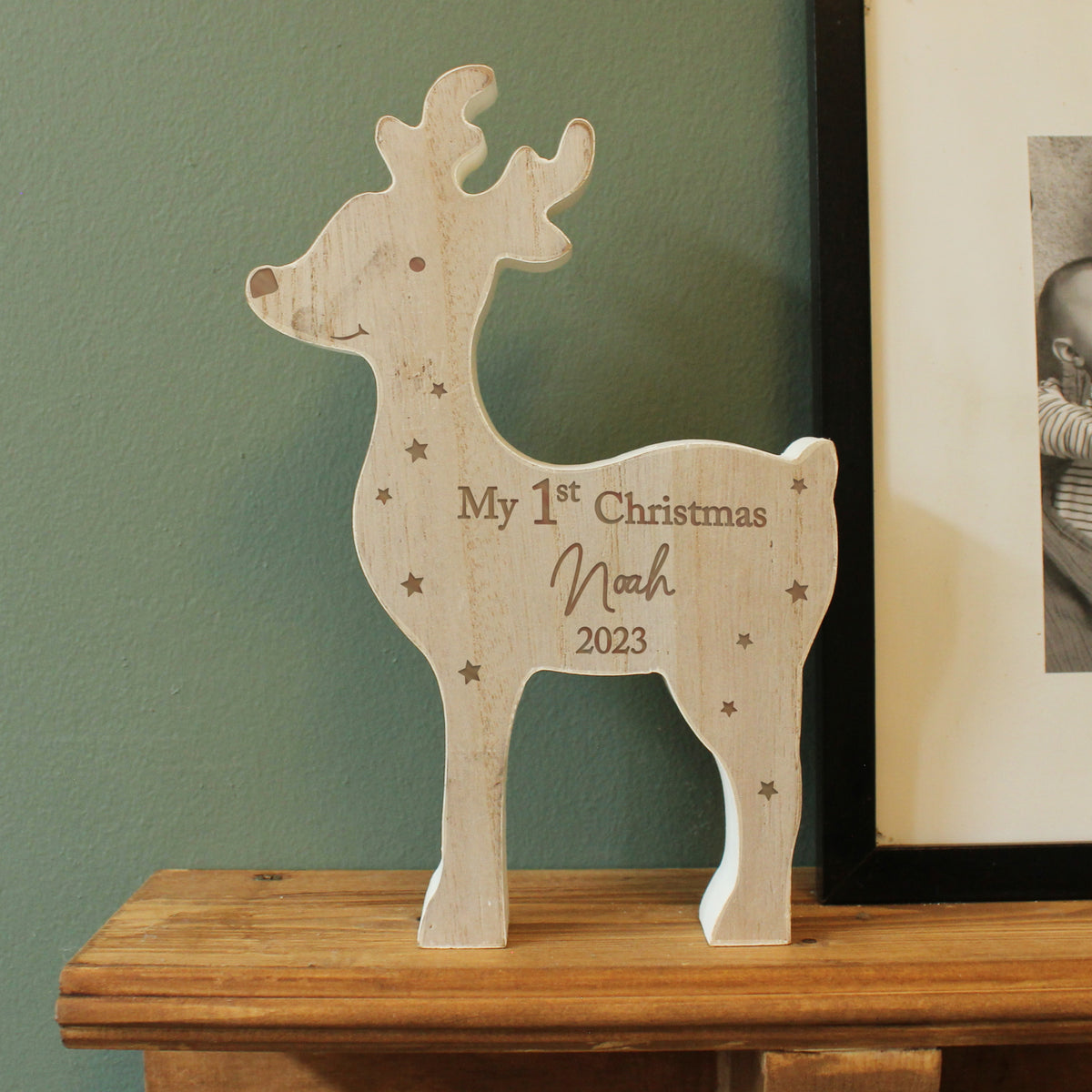 Personalised My 1st Christmas Wooden Reindeer with personalised text, view 2