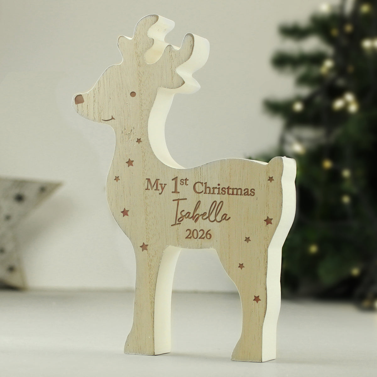 Personalised My 1st Christmas Wooden Reindeer with personalised text, view 3
