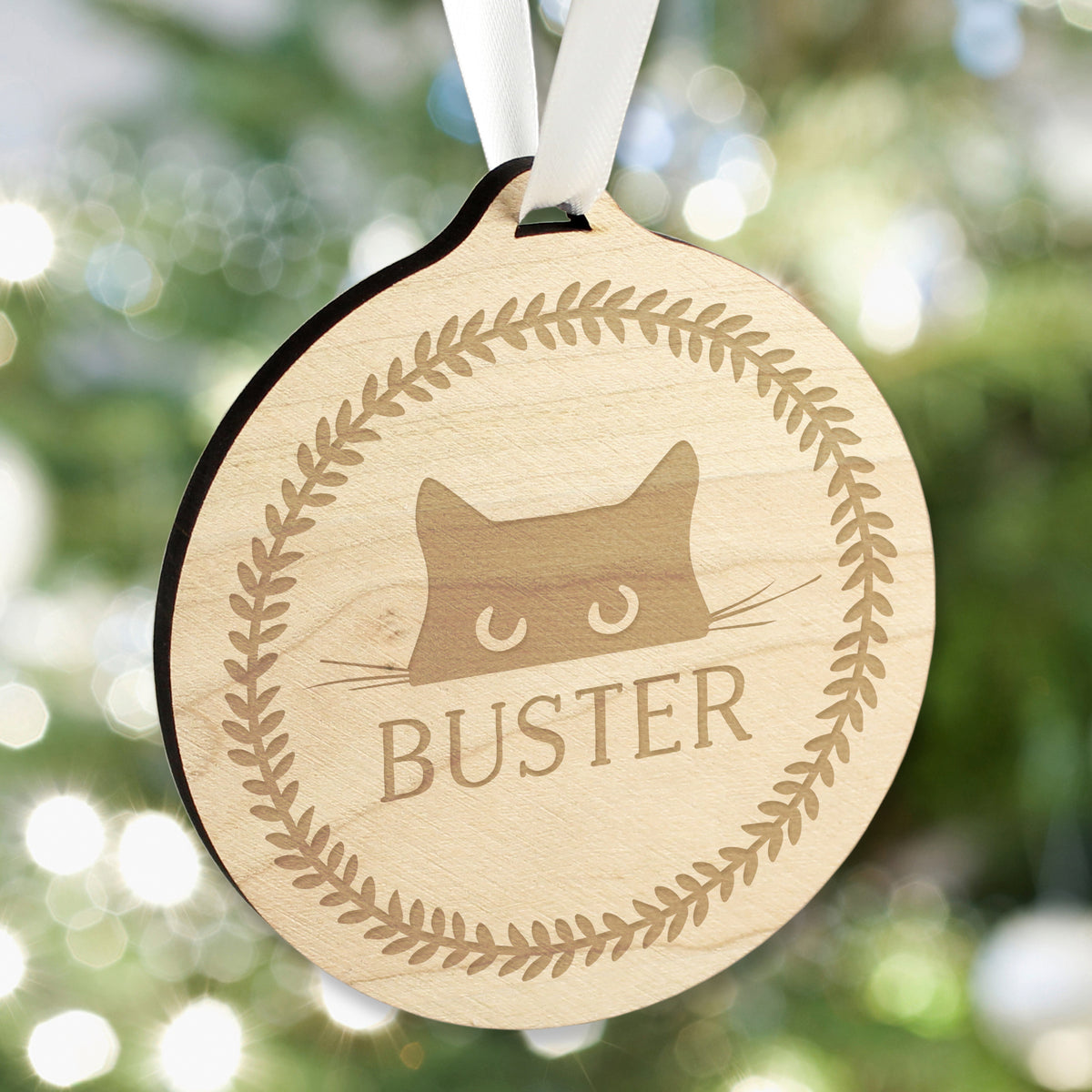 Personalised Cat Round Wooden Christmas Bauble with personalised text, view 4