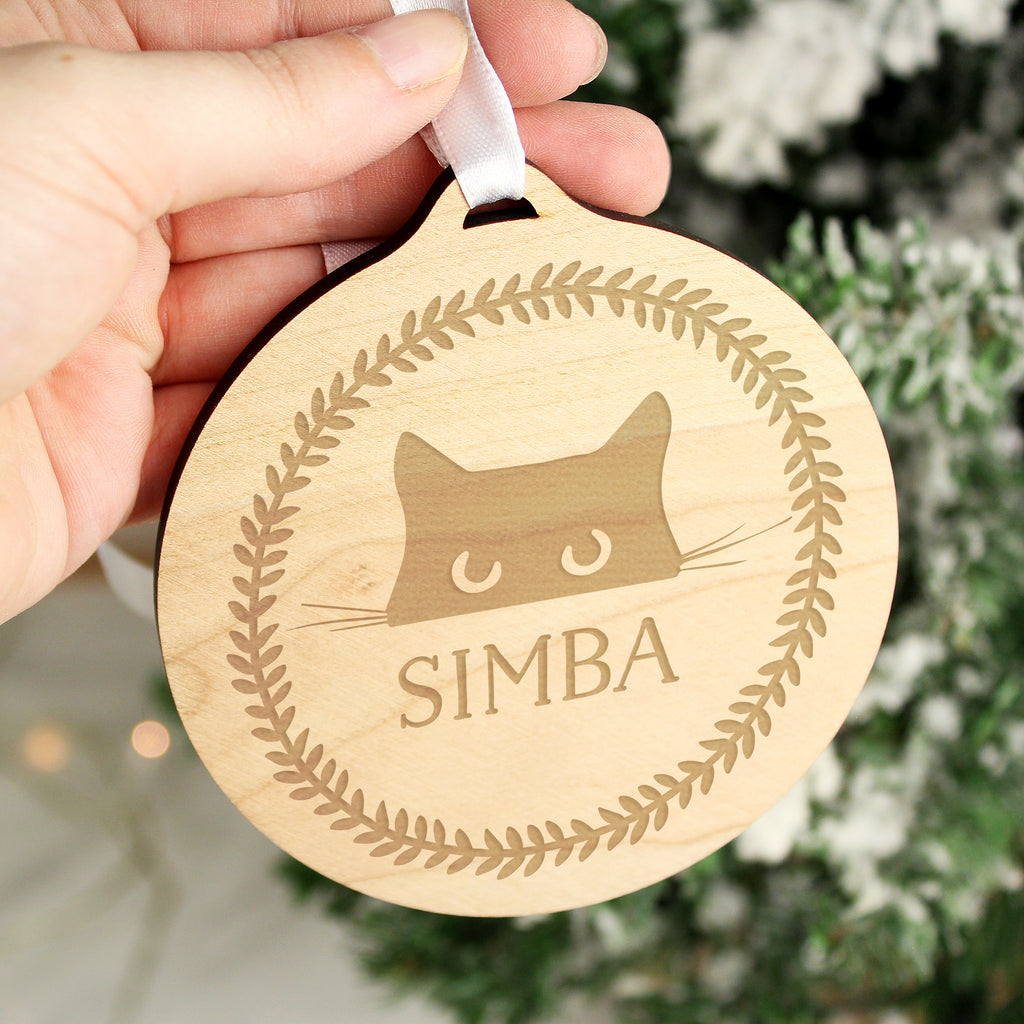 Personalised Cat Round Wooden Christmas Bauble with personalised text, view 2