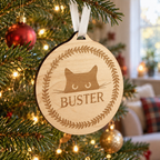 Personalised cat round wooden Christmas bauble hanging on the tree