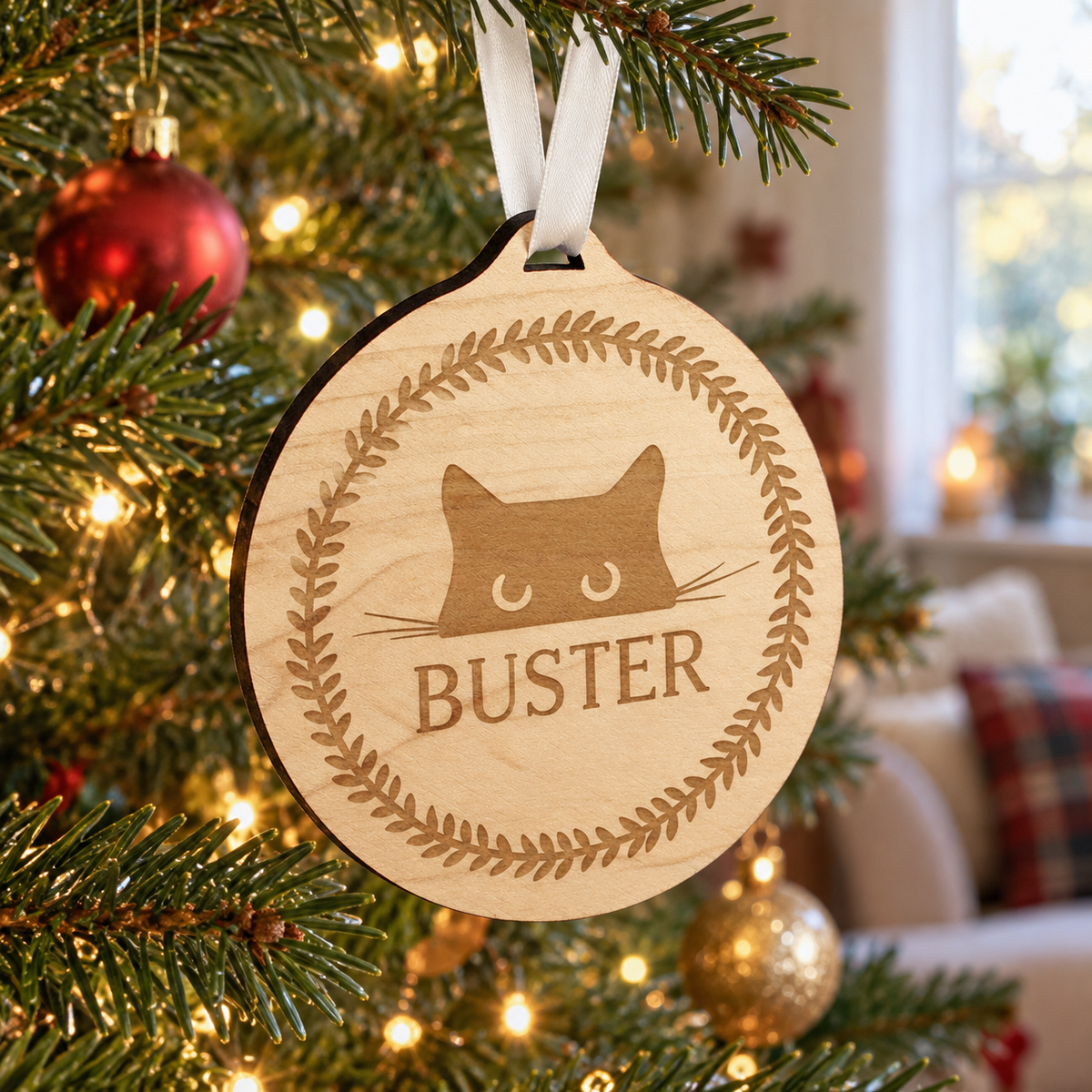 Personalised cat round wooden Christmas bauble hanging on the tree