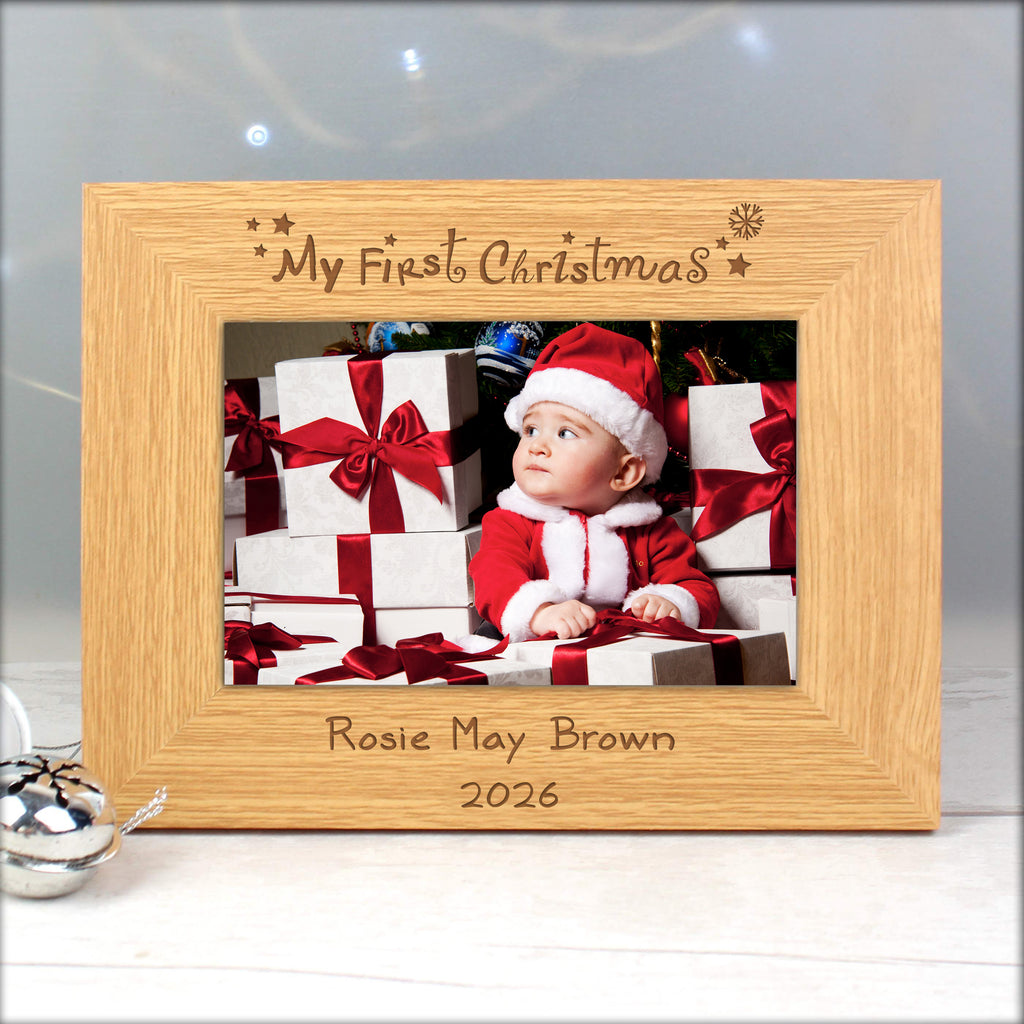 Personalised My First Christmas Oak Finish 6x4 Photo Frame with personalised text, view 2
