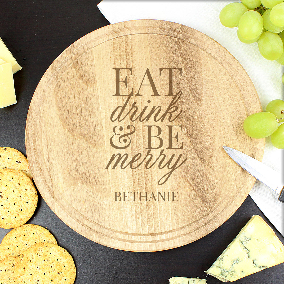 Personalised Eat Drink and Be Merry round wooden chopping board with bread and cheese