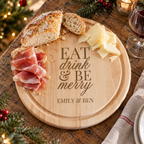 Personalised Eat Drink and Be Merry round wooden chopping board with bread and cheese