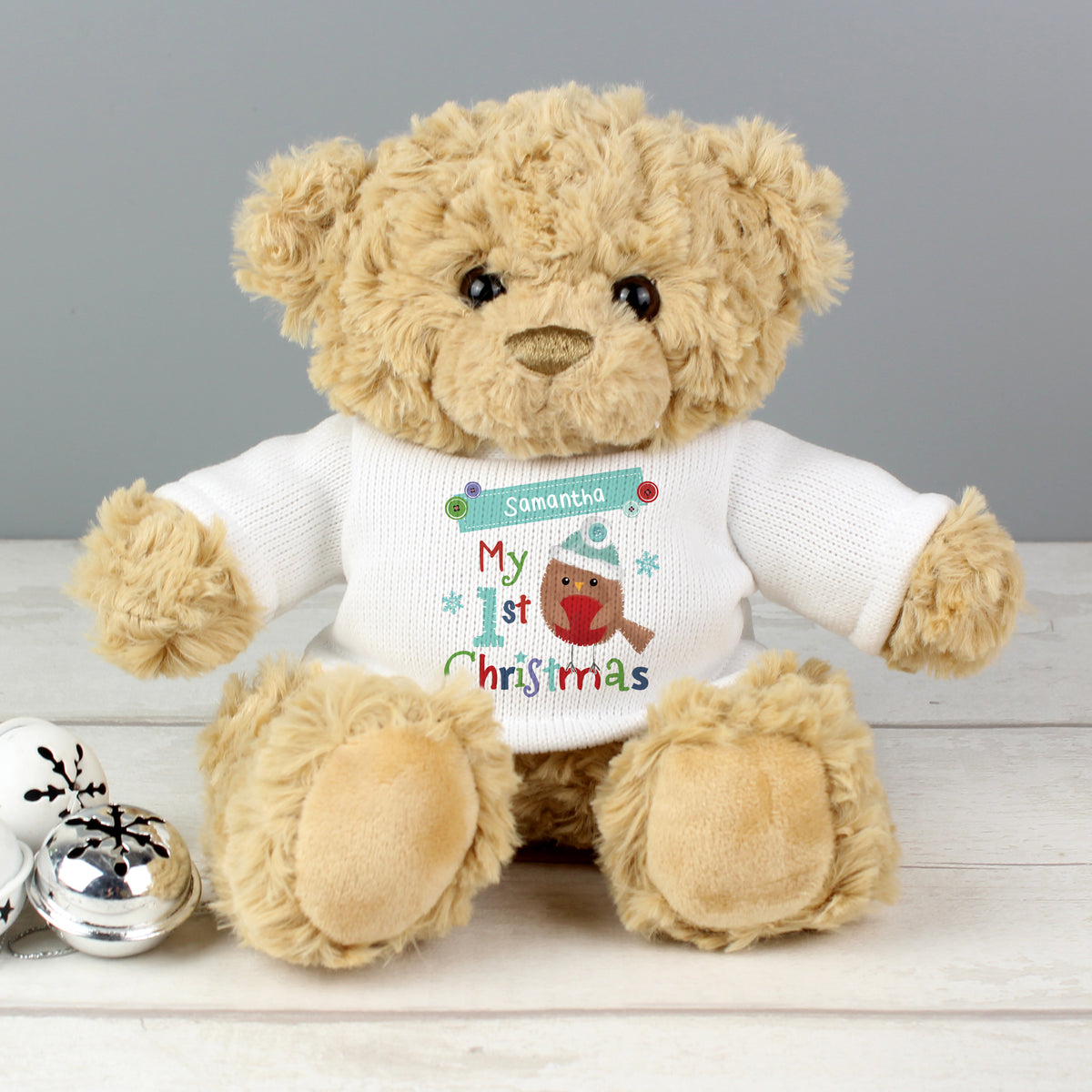 Personalised My 1st Christmas robin teddy bear sitting under the Christmas tree