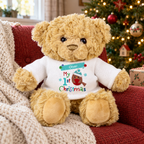 Personalised My 1st Christmas robin teddy bear on a red armchair by the tree