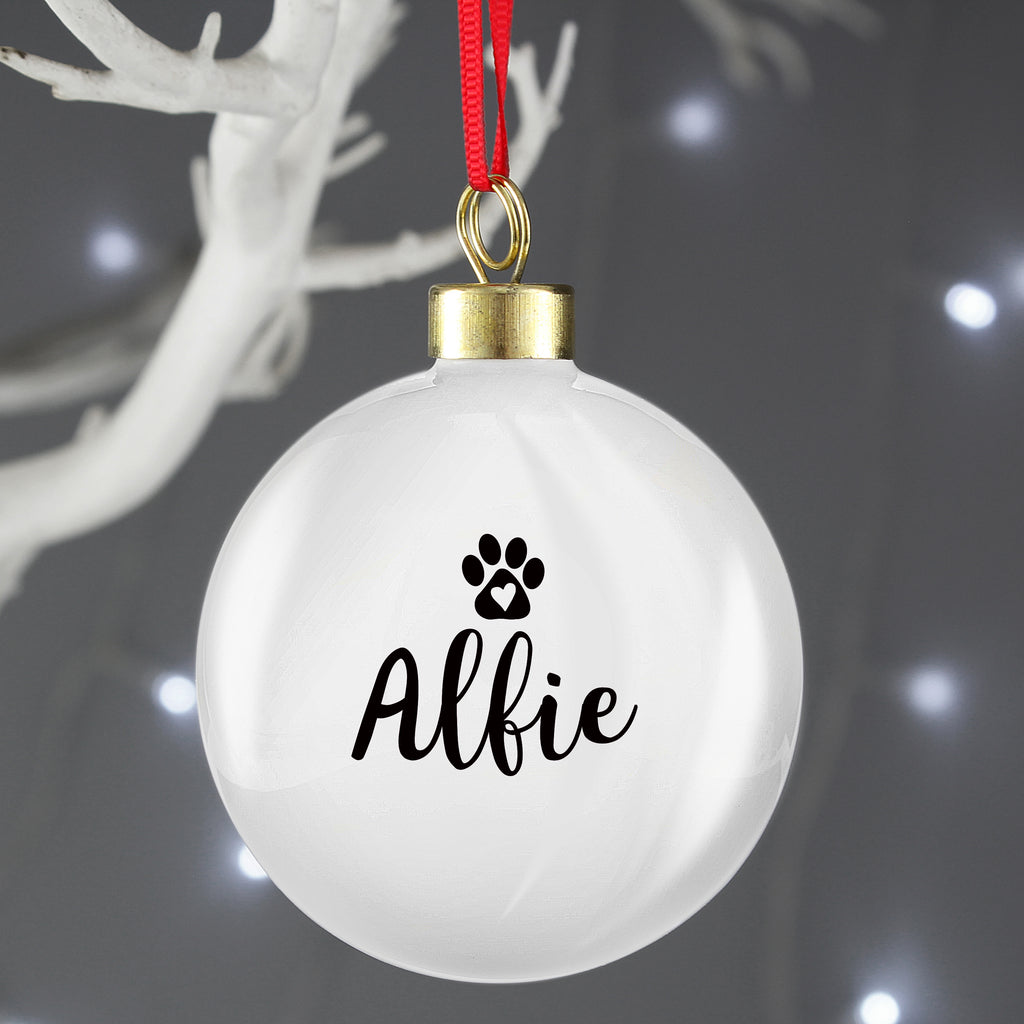 Personalised Pet Paw Print Ceramic Christmas Bauble with personalised text, view 3